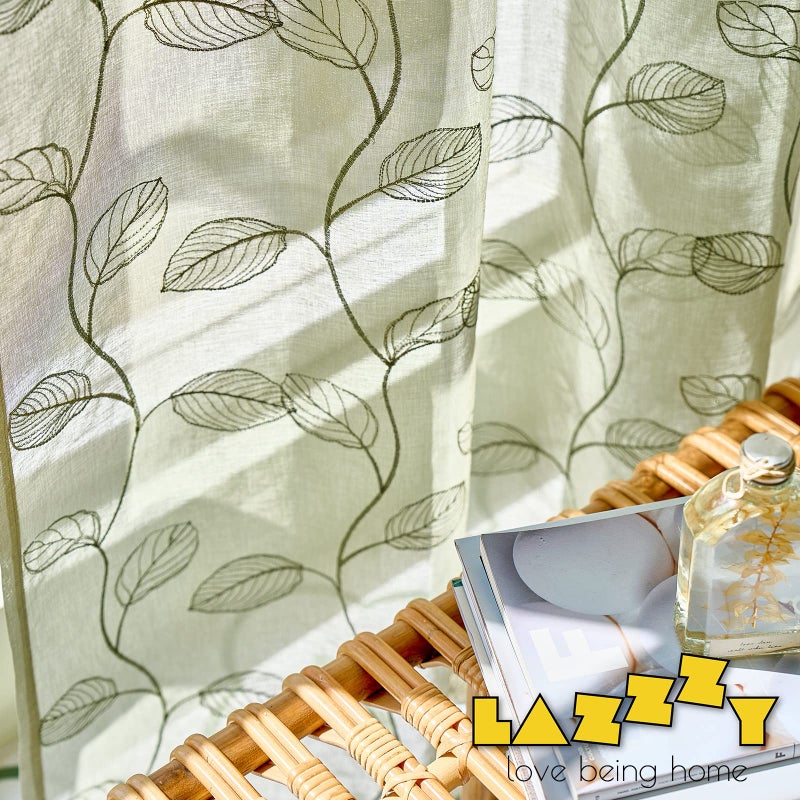 Lazzzy Sage Sheer Curtains Leaf Embroidered 96 Inch Long for Living Room Bedroom Rod Pocket Voile Window Drapes 2 Panels - Image 2